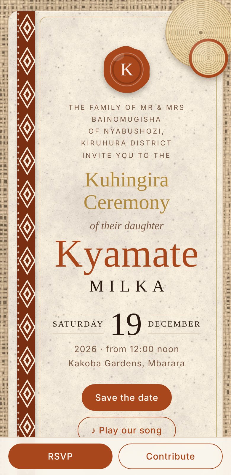 Sample Kuhingira invitation for Kyamate Milka on a phone, in the Ankole Heritage design